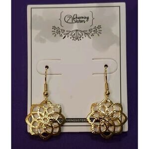 Gold Plated Brass Dangle Earrings Puffy Flower Textured Open Work Design New